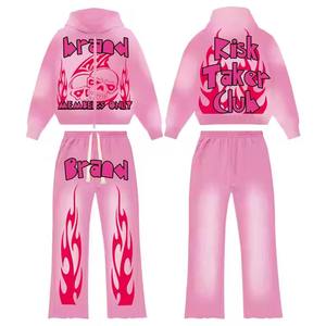 Forte demande Ensembles deux pièces de pantalons de survêtement à capuche avec logo Ensemble de pantalons évasés à capuche surdimensionnés en coton éponge français à impression bouffante 3D - Product Image 6