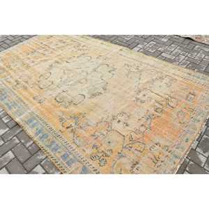 Vintage Large Rug 5.8x9.4 ft, <b>Yellow</b> Blue Floral Rug <b>Wool</b> - Product Image 4