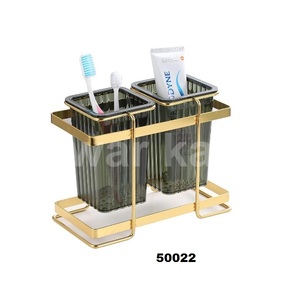 Porte-brosse à dents pour salle de bain Porte-brosse à dents en métal Porte-galvanoplastie Support 2 tasses pour salle de bain Famille Enfants (Vert Or) - Product Image 1