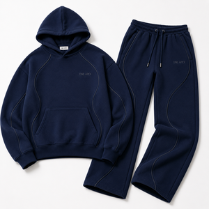 ONE APEX Navy Curved Seam <b>Hoodie</b> Tracksuit Women's Regular French Terry Cotton Wide Leg Sweat Set Quick Dry Fleece High Street - Product Image 3