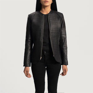 Veste en cuir matelassée noire pour femmes, col rond, fermeture éclair sur le devant, vêtements d'extérieur, style de couture horizontale, mode féminine - Product Image 2