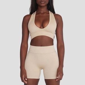 Ropa de gimnasio para mujer, sujetador de Yoga sin costuras de alta calidad, pantalones cortos de motorista, conjuntos de entrenamiento de Fitness, dos piezas, Color sólido, 100% algodón - Product Image 2