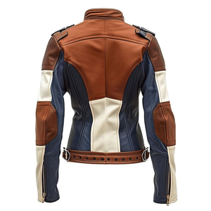 Women's Navy Blue Brown Soft Sheepskin Stand Collar Motorbike Jacket With CE Armors Protections Motorcycle Jacket For Men - Product Image 2