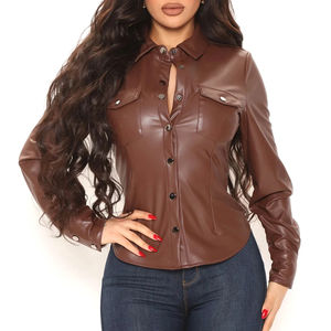 เสื้อหนัง PU แขนยาวสำหรับผู้หญิง, เสื้อใส่สบายสำหรับใส่ไปสำนักงานหรือใส่สบายสไตล์แฟชั่นแนวสตรีทสีน้ำตาล - Product Image 1