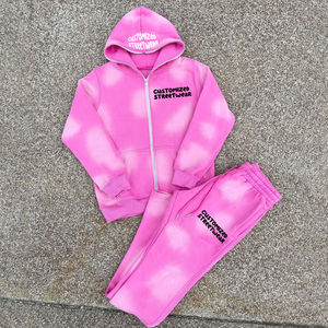 Ropa de calle personalizada para niños, sudadera holgada con capucha y pantalones apilados, chándales de lavado ácido para niños, chándales acampanados recortados estampados DTG - Product Image 1