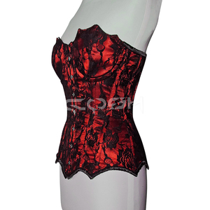 Corsé gótico de satén rojo con encaje negro, escote corazón, estilo burlesco, moldeador de cuerpo con copas y adornos elegantes - Product Image 4