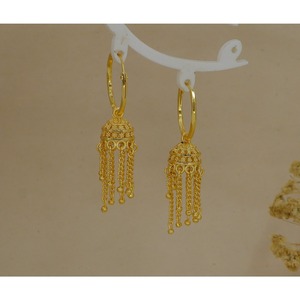 Lightweight Gold Plated <b>Small</b> Indian Jhumka <b>Earrings</b> with Chain <b>Dangle</b> Daily Wear Traditional Ethnic Jewelry for Women Fashion - Product Image 5