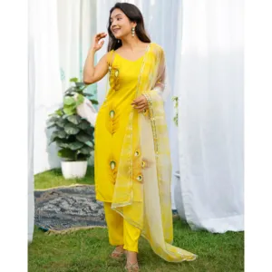 Conjunto de traje Morpankh amarillo para mujer, estilo vintage, tradicional, étnico, tejido de rayón, bordado liso, de secado rápido, holgado, festivo - Product Image 6