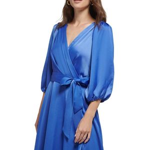 Abito da sera DKNY da donna, comodo, con maniche a 3/4, cintura e finto avvolgimento, in raso blu, linea ad A, vita naturale, taglie dalla XS alla XL - Product Image 3