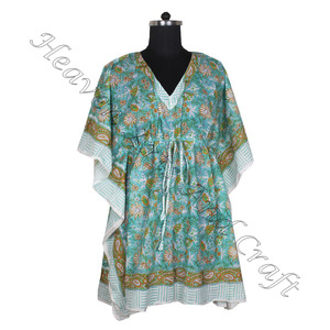 100% coton femmes vêtements de nuit main bloc imprimé caftan robe KFCS097 poids léger femmes décontracté Occasion porter courte Caftan robe - Product Image 1