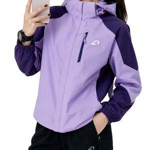 Women’s Purple Color Block Hooded Windbreaker Men's <b>Jackets</b> Private Label <b>Lightweight</b> Outdoor Shell with Zip Pocket Adjustable - Product Image 2