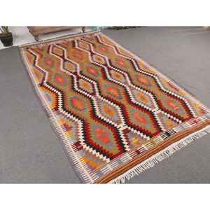 พรมคิลิมขนาด 5.2x9.3 ฟุต พรมตุรกีโบราณ พรมลายดอกไม้สีแดงส้ม - Product Image 1