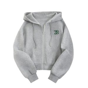 Sudadera con capucha gris hecha a medida para mujer 28 Número de grafiti Estilo de cremallera frontal Sudadera con capucha para mujer Ropa de calle Capucha con cordón Estilo moderno - Product Image 6