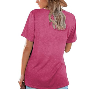 Women's Casual Pink T-Shirt Square Neck Short Sleeve Solid Color Embroidery Print Design Made Polyester Canvas Material - Product Image 5