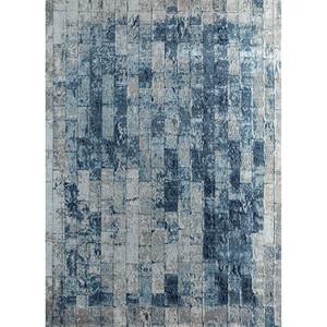 Tapis rectangulaire Uvenuti bleu en laine et soie de bambou noué à la main, motif abstrait, pour couloir et chambre, design patchwork fait main - LRB-1574 (CM-01) - Product Image 1