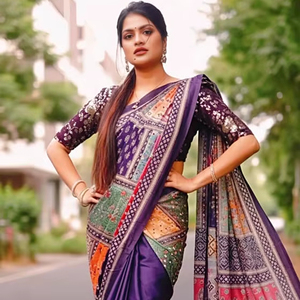 ผ้าส่าหรีผ้ามาซาคาลีเนื้อหนาสำหรับผู้หญิง พร้อมงานปักลายบันเดจและกระจกทั่วทั้งผืน พร้อมผ้าคลุมเข้าชุดอย่างลงตัว - Product Image 1