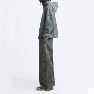 Sweat à capuche court graphique en détresse et jean large baggy ensemble Vintage Acid Wash Streetwear surdimensionné tenue unisexe - Product Image 3