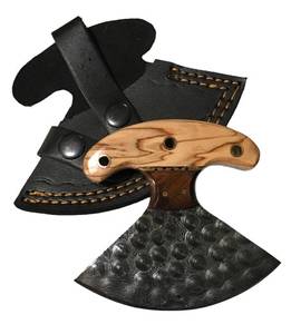 Cuchillo Ulu de Acero de Damasco Hecho a Mano con Mango de Madera, Funda de Cuero y Soporte de Madera - Product Image 3
