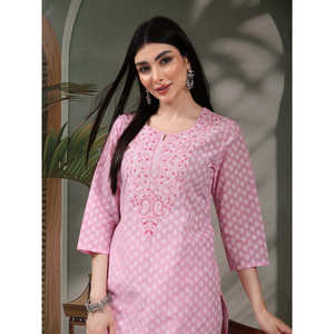 Kurta Recta con Estampado Floral para Mujer, Cuello en V, Algodón Puro con Decoración de Encaje, Producto de Primavera/Verano, Tallas Disponibles XL 4XL - Product Image 2