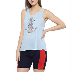 Stylish Designed Street Wear Women <b>Sleeveless</b> <b>Top</b> And Shorts Set Hot Weather <b>Silk</b> Screen Printed Women Cotton <b>Top</b> And Shorts Set - Product Image 2