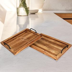 Besti Lot de 2 plateaux de service en bois vintage rustiques élégants avec poignées en métal Design de ferme élégant recyclable - Product Image 1