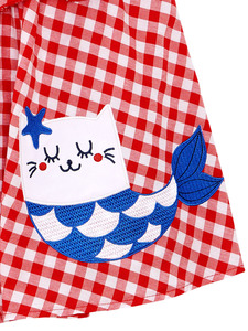 Sea Cat Girl Poplin Dress Manga Hasta la rodilla Vestido de verano Algodón Jersey Red Girl Dress - Product Image 6
