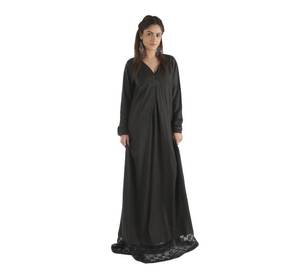 2024 nouveau conçu élégant bas en dentelle couleur noire Abaya avec col en V fabriqué en tissu de bambou pour les femmes robe longue - Product Image 1