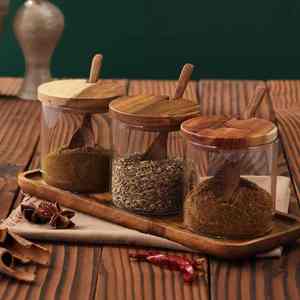 Bidon en bois Bocal en verre et boîte de rangement d'assaisonnement en verre Sel épices avec cuillère Ensemble de 3 ustensiles de cuisine et vaisselle - Product Image 3
