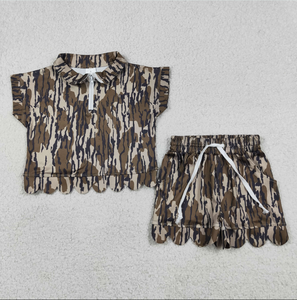 ชุดเสื้อผ้าเด็กผู้หญิงลายพรางใต้แบบมีซิปพร้อมกระเป๋าและกางเกงขาสั้นขอบหยัก - Product Image 2