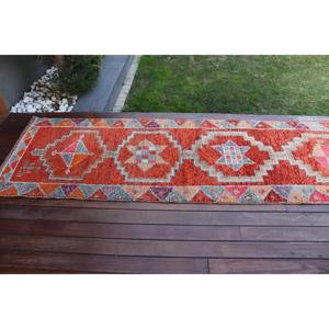 Alfombra Turca Vintage Herki Runner de 2.6x11.4 pies, Alfombra Roja con Puntos de Polka, Lana - Product Image 3
