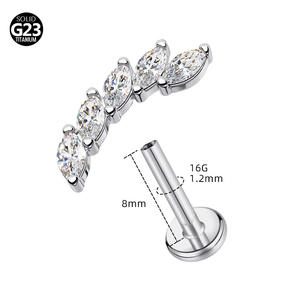 Pendiente de Oreja Youkeen Piercing al por Mayor, Calibre 16, con Circonita Marquise en Forma de Hoja, Plateado en Plata, de Titanio, ASTM F136, Plano, para Boda - Product Image 3