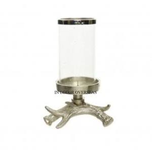 Support de base de créateur en bois de cerf en métal poli brillant argenté et bougeoir ouragan en verre clair pièce maîtresse de table de mariage - Product Image 1