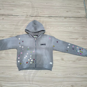 Designs de bouchons de bouteille brodés personnalisés, hiver, numérique, 100% coton, lavage à l'acide, molleton français surdimensionné, fermeture éclair, strass de haute qualité - Product Image 1