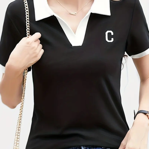 เสื้อยืดแขนผ้าฝ้ายเข้ารูปสำหรับผู้หญิงเสื้อถักโลโก้สีทึบเข้ารูปคอตตอน - Product Image 3