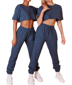 Top corto de lana gruesa con capucha recta de pierna ancha acampanada pantalones de chándal conjunto de chándal sólido de alta calidad ropa de entrenamiento para correr - Product Image 1