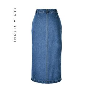 Jupe longue en jean taille haute pour femme Paola Riboni, boutonnée sur le devant, coupe trapèze, couleur unie, style streetwear été-hiver - Product Image 4