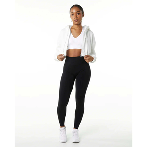 Sweat à capuche classique à fermeture éclair pour femmes, style à épaules tombantes noires avec 55% coton 45% Spandex, coupe courte surdimensionnée pour l'hiver - Product Image 2