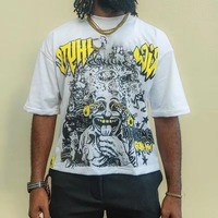 T-shirt Homme Blanc Oversize Col V Manches Courtes en Polyester Tricoté de Haute Qualité avec Logo Imprimé en Sérigraphie Anti-rétrécissement 220g