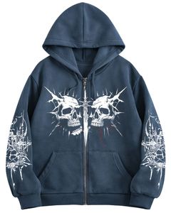 Sudadera con Capucha y Cremallera Azul Lavada, con Estampado Gráfico de Calavera, Estilo Urbano Extragrande, Chaqueta Gótica de Felpa de Algodón para Mujer, Fabricante Personalizado - Product Image 1