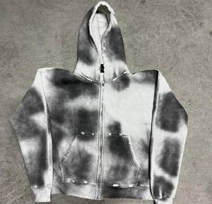 Venta al por mayor fabricación personalizada Boxy Fit de gran tamaño Vintage ácido sucio lavado desgastado Zip Hoodie Baggy Raw Hem Flare chándal - Product Image 4