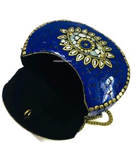 2025 New Arrival Evil Eye Mosaic Metal Mother of Pearl Clutch <b>Bag</b> - Handmade Blue Stone Antique Ethnic Clutch - Product Image 5