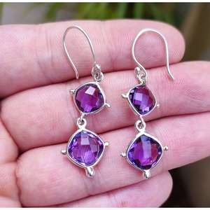 Handmade Boho Amethyst Sterling Silver Dangle Earrings Cute Purple Gemstone Birthday Anniversary Christmas Gift for Her - Product Image 1