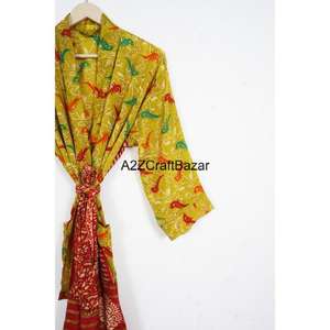 Bata Kimono de Seda Tejida a Mano de Lujo para Mujer, con Cuello en V, Cierre con Cordón, Largo Completo, Mangas Tres Cuartos, Suave - Product Image 3