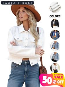Paola Riboni Women's <b>Denim</b> <b>Jacket</b> Light Wash <b>Crop</b> Fit Vintage Style Full Sleeve Blue Distressed Jeans <b>Jacket</b> - Product Image 2