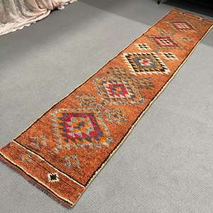 พรมตุรกี, พรมวิ่งขนาด 2x9.6 ฟุต, พรมวินเทจลายดอกไม้สีน้ำตาลทำจากขนสัตว์ - Product Image 4