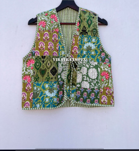 Veste matelassée verte pour femmes Vintage faite à la main Patchwork coton devant ouvert Kimono Style rayure passepoil courte longueur-pour l'hiver - Product Image 1