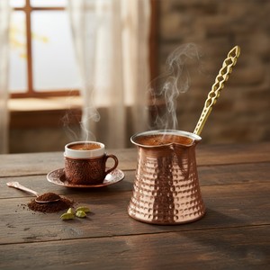 Juego de cafetera turca clásica de cobre, utensilios de cocina con mango de agarre, materiales de vidrio, cerámica, plástico y metal - Product Image 1
