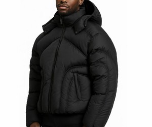 Abrigos con capucha de plumón de pato grueso cuadrado de invierno con logotipo personalizado del fabricante, chaqueta acolchada negra brillante para hombre - Product Image 3