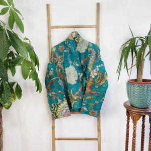Designer d'impression traditionnelle Unique élégant femmes filles vêtements d'été Kantha Kimono veste en Aqua Turquoise Forest Dreamer Style - Product Image 1