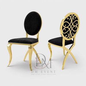 Chaise de mariage décorative en acier inoxydable doré avec dossier ajouré et revêtement noir pour mariages et événements de banquet - Product Image 3